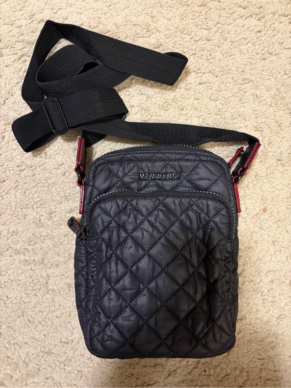 MZ Wallace Black Metro Crossbody Quilted Nylon Belt Bag with Leather Trim - EUC